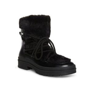 Steve Madden Dione or Moncler Insolux black faux-fur trim lace-up snow boot